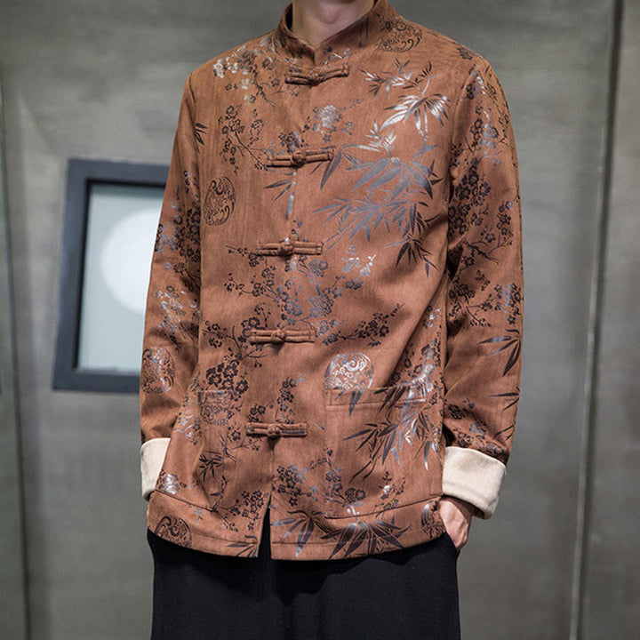 Buddha Stones , flores, bambú, puños de color sólido, botones de rana, traje Tang, chaqueta de algodón para hombre, camisa con bolsillos - Marrón silla de montar - US/UK/AU46, EU56 (5XL) - image 10