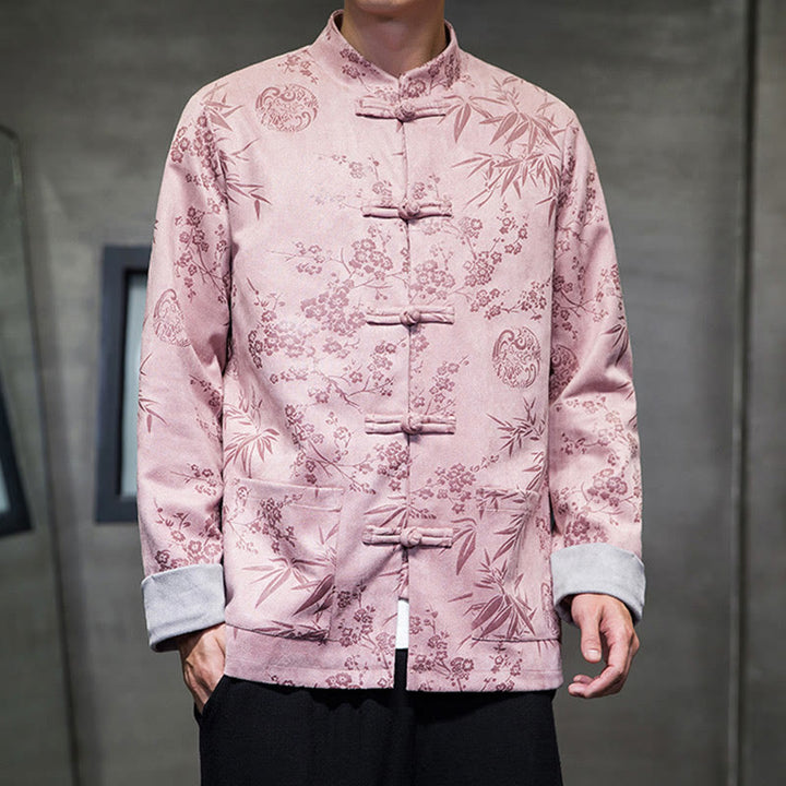 Buddha Stones , flores, bambú, puños de color sólido, botones de rana, traje Tang, chaqueta de algodón para hombre, camisa con bolsillos - Rosa - US/UK/AU46, EU56 (5XL) - image 33