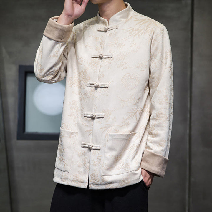 Buddha Stones , flores, bambú, puños de color sólido, botones de rana, traje Tang, chaqueta de algodón para hombre, camisa con bolsillos - Beige - US/UK/AU46, EU56 (5XL) - image 43