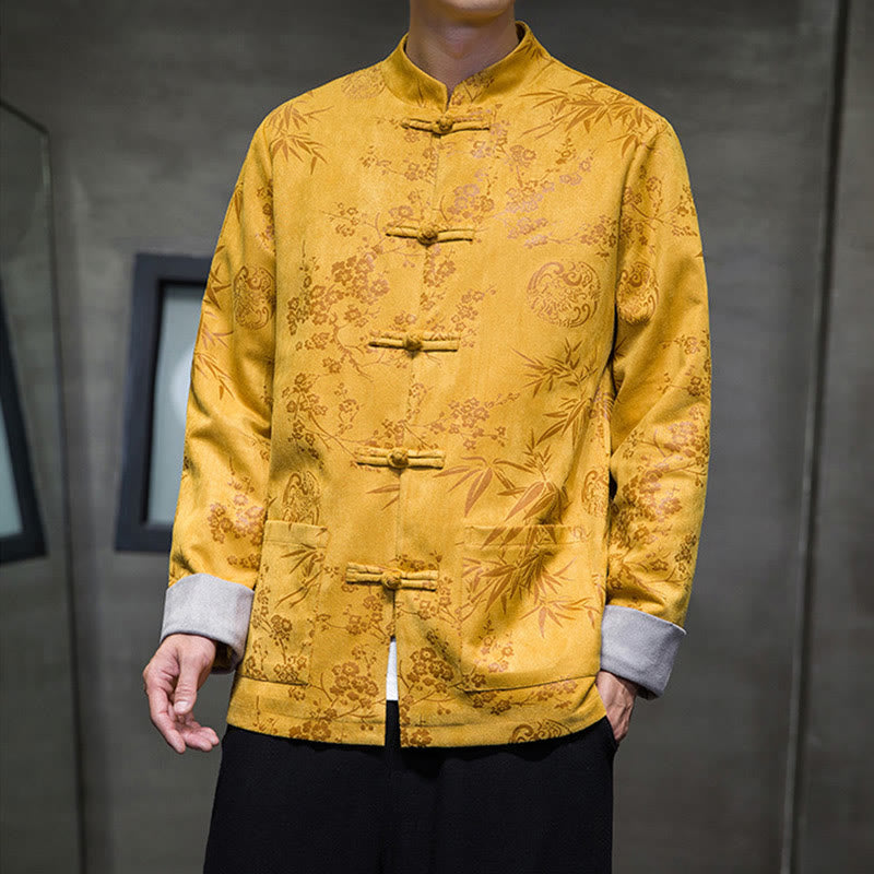 Buddha Stones , flores, bambú, puños de color sólido, botones de rana, traje Tang, chaqueta de algodón para hombre, camisa con bolsillos - Oro - US/UK/AU46, EU56 (5XL) - image 0