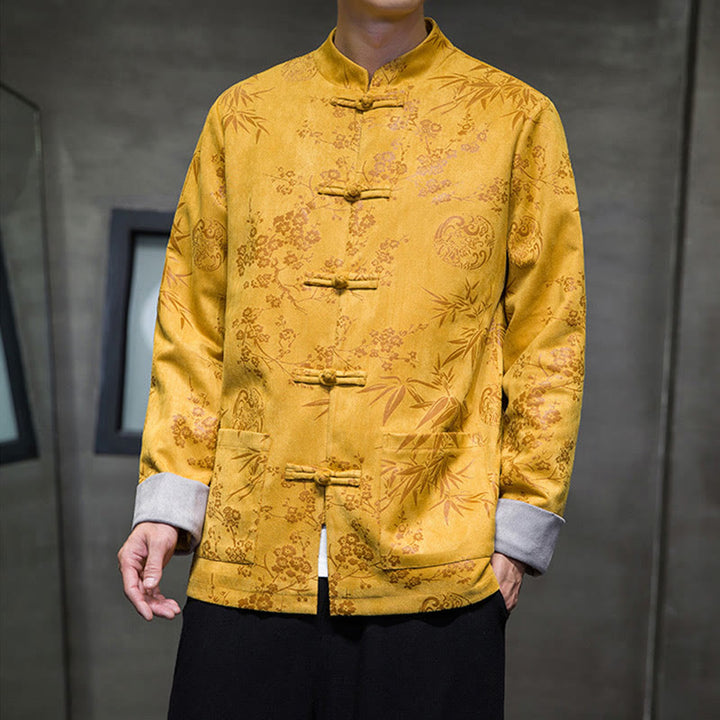 Buddha Stones , flores, bambú, puños de color sólido, botones de rana, traje Tang, chaqueta de algodón para hombre, camisa con bolsillos - Oro - US/UK/AU46, EU56 (5XL) - image 0