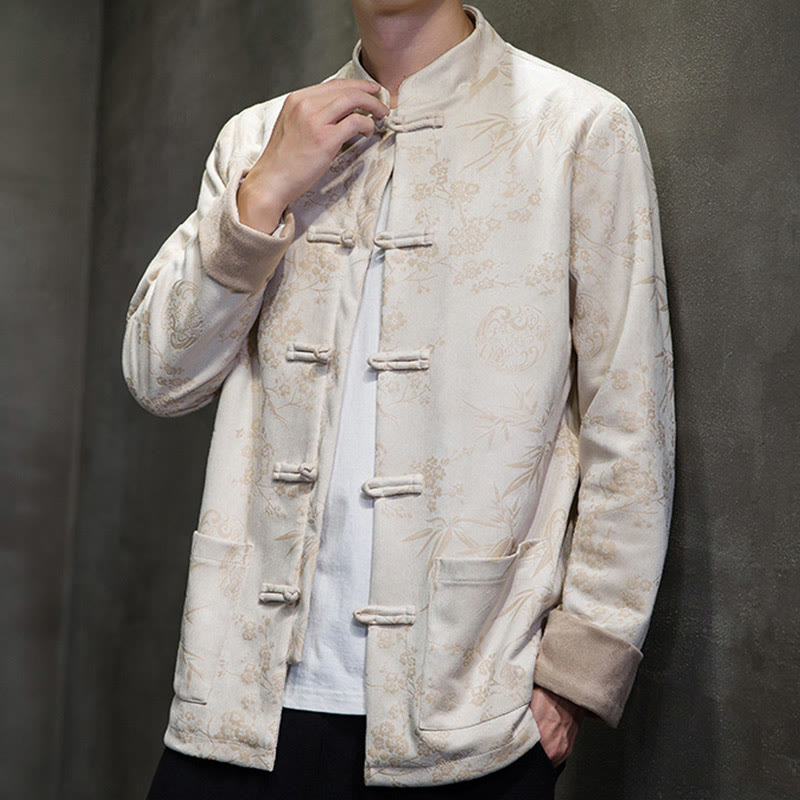 Buddha Stones , flores, bambú, puños de color sólido, botones de rana, traje Tang, chaqueta de algodón para hombre, camisa con bolsillos - image 45