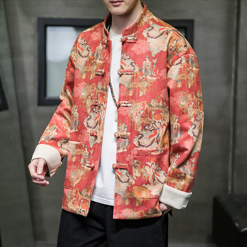 Ropa de Año Nuevo chino con Buddha Stones, pintura de figuras antiguas, puños de color sólido, botones de rana, traje Tang, chaqueta de algodón para hombre, camisa con bolsillos - NaranjaRojo - US/UK/AU46, EU56 (5XL) - image 0