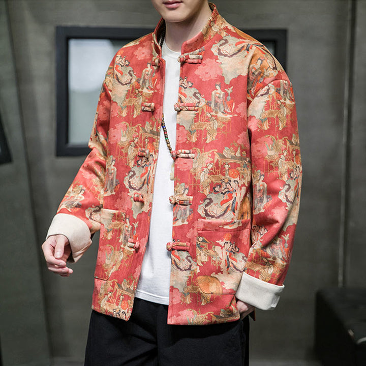 Ropa de Año Nuevo chino con Buddha Stones, pintura de figuras antiguas, puños de color sólido, botones de rana, traje Tang, chaqueta de algodón para hombre, camisa con bolsillos - NaranjaRojo - US/UK/AU46, EU56 (5XL) - image 0