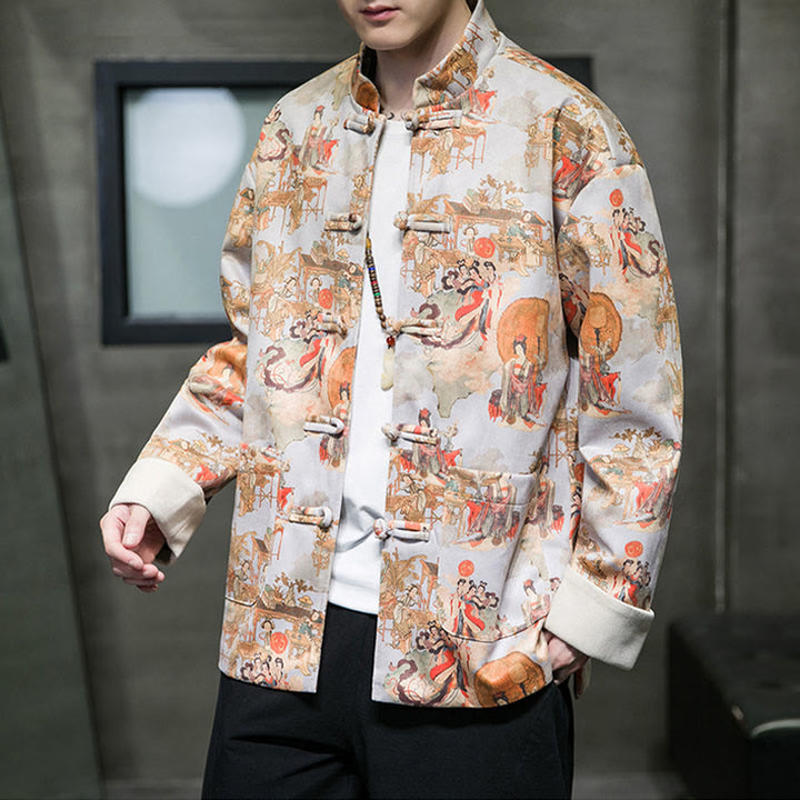 Ropa de Año Nuevo chino con Buddha Stones, pintura de figuras antiguas, puños de color sólido, botones de rana, traje Tang, chaqueta de algodón para hombre, camisa con bolsillos - image 21