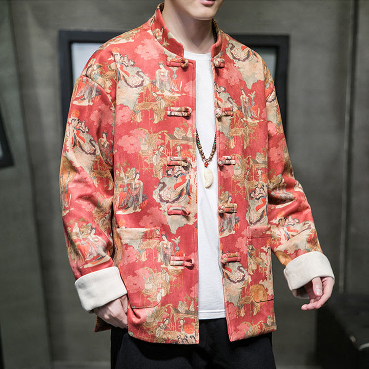 Ropa de Año Nuevo chino con Buddha Stones, pintura de figuras antiguas, puños de color sólido, botones de rana, traje Tang, chaqueta de algodón para hombre, camisa con bolsillos - image 3