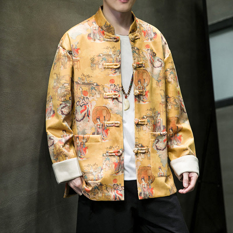 Ropa de Año Nuevo chino con Buddha Stones, pintura de figuras antiguas, puños de color sólido, botones de rana, traje Tang, chaqueta de algodón para hombre, camisa con bolsillos - image 13