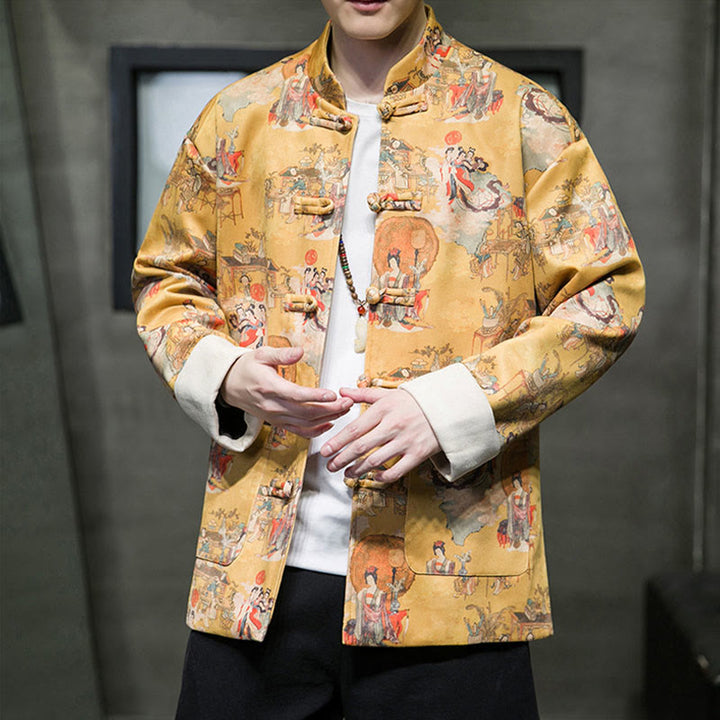 Ropa de Año Nuevo chino con Buddha Stones, pintura de figuras antiguas, puños de color sólido, botones de rana, traje Tang, chaqueta de algodón para hombre, camisa con bolsillos - image 9