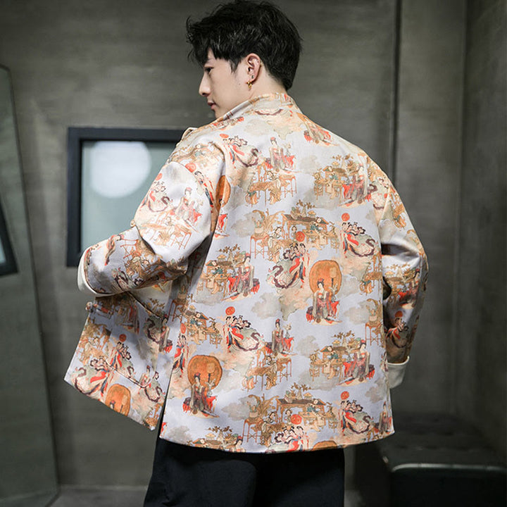 Ropa de Año Nuevo chino con Buddha Stones, pintura de figuras antiguas, puños de color sólido, botones de rana, traje Tang, chaqueta de algodón para hombre, camisa con bolsillos - image 19