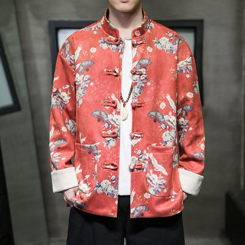 Buddha Stones , flores, abanicos, pájaros, botones de rana, chaqueta de algodón para hombre, camisa con bolsillos - NaranjaRojo - US/UK/AU46, EU56 (5XL) - image 0