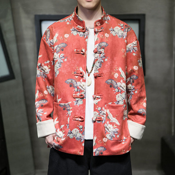 Buddha Stones , flores, abanicos, pájaros, botones de rana, chaqueta de algodón para hombre, camisa con bolsillos - NaranjaRojo - US/UK/AU46, EU56 (5XL) - image 0