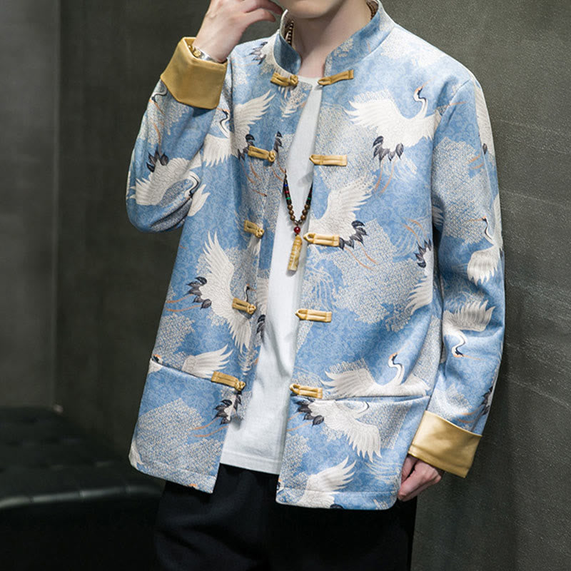 Buddha Stones , chaqueta, camisa y bolsillos, con botones de rana dorada y grulla blanca