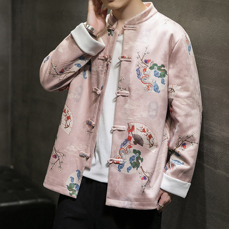 Traje Tang de algodón para hombre, chaqueta y camisa con botones de rana y flores, abanico de dragón y nubes auspiciosas, ropa de Año Nuevo chino con piedras de Buddha Stones  - image 2