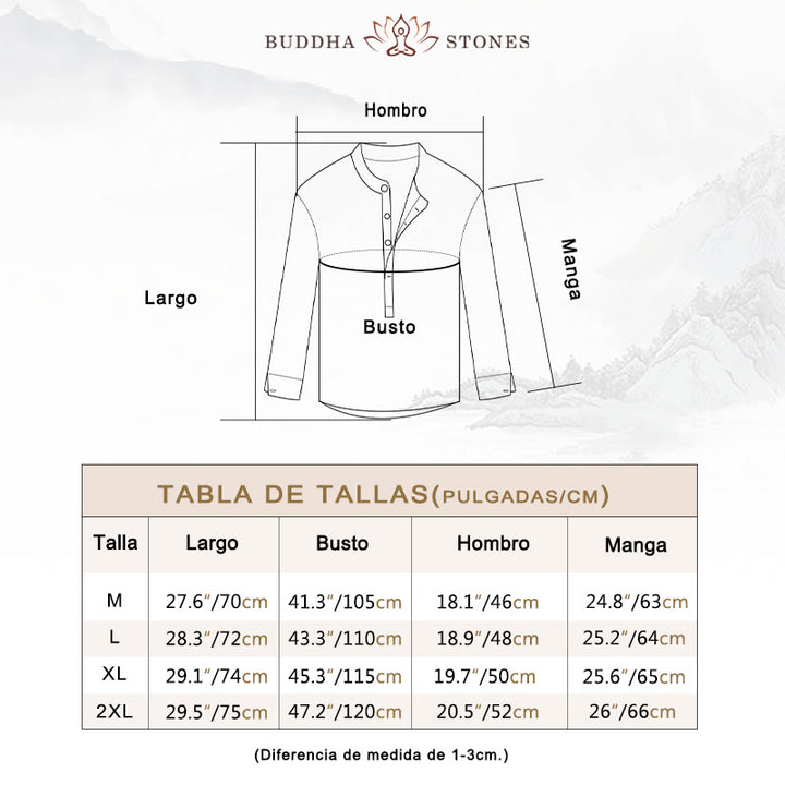 Camisa de lino y algodón con manga larga y medio botón de color liso con Buddha Stones para hombre - image 6