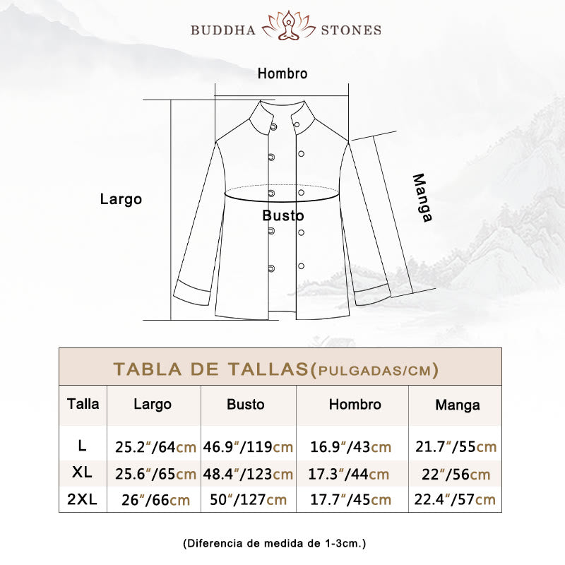Chaqueta de mujer de algodón y lino con cuello alto, botones de rana y estampado de Buddha Stones en color liso. - image 5