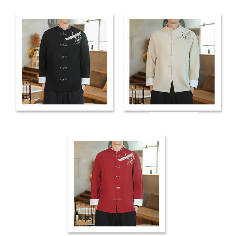 Chaqueta y camisa de algodón para hombre, traje Tang con botones de rana y bordado de grulla voladora de Año Nuevo chino con Buddha Stones - image 1