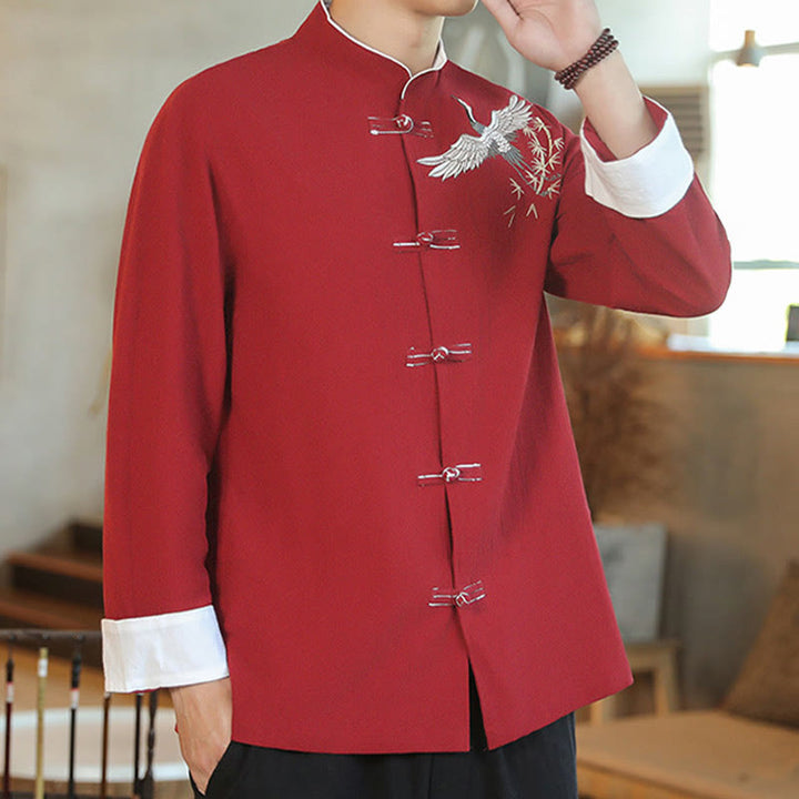 Chaqueta y camisa de algodón para hombre, traje Tang con botones de rana y bordado de grulla voladora de Año Nuevo chino con Buddha Stones - image 7