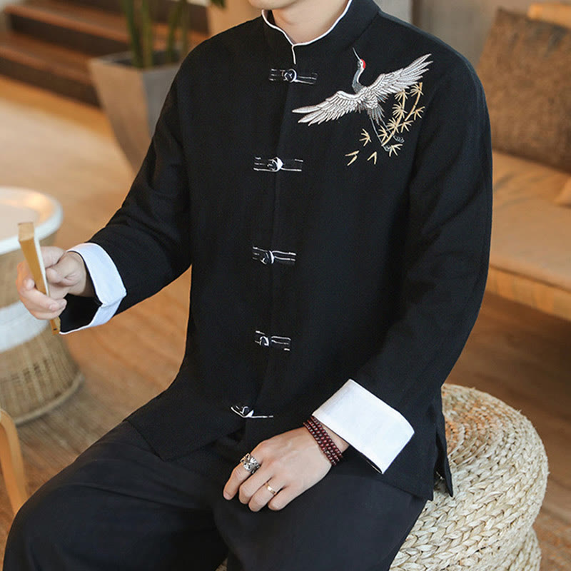 Chaqueta y camisa de algodón para hombre, traje Tang con botones de rana y bordado de grulla voladora de Año Nuevo chino con Buddha Stones - image 13