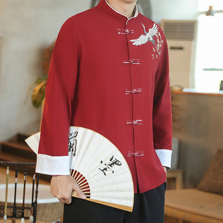 Chaqueta y camisa de algodón para hombre, traje Tang con botones de rana y bordado de grulla voladora de Año Nuevo chino con Buddha Stones - image 8