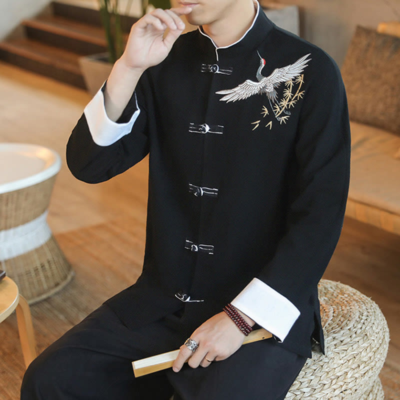 Chaqueta y camisa de algodón para hombre, traje Tang con botones de rana y bordado de grulla voladora de Año Nuevo chino con Buddha Stones - image 12