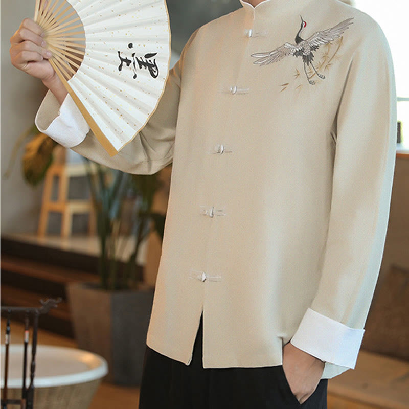 Chaqueta y camisa de algodón para hombre, traje Tang con botones de rana y bordado de grulla voladora de Año Nuevo chino con Buddha Stones - image 24