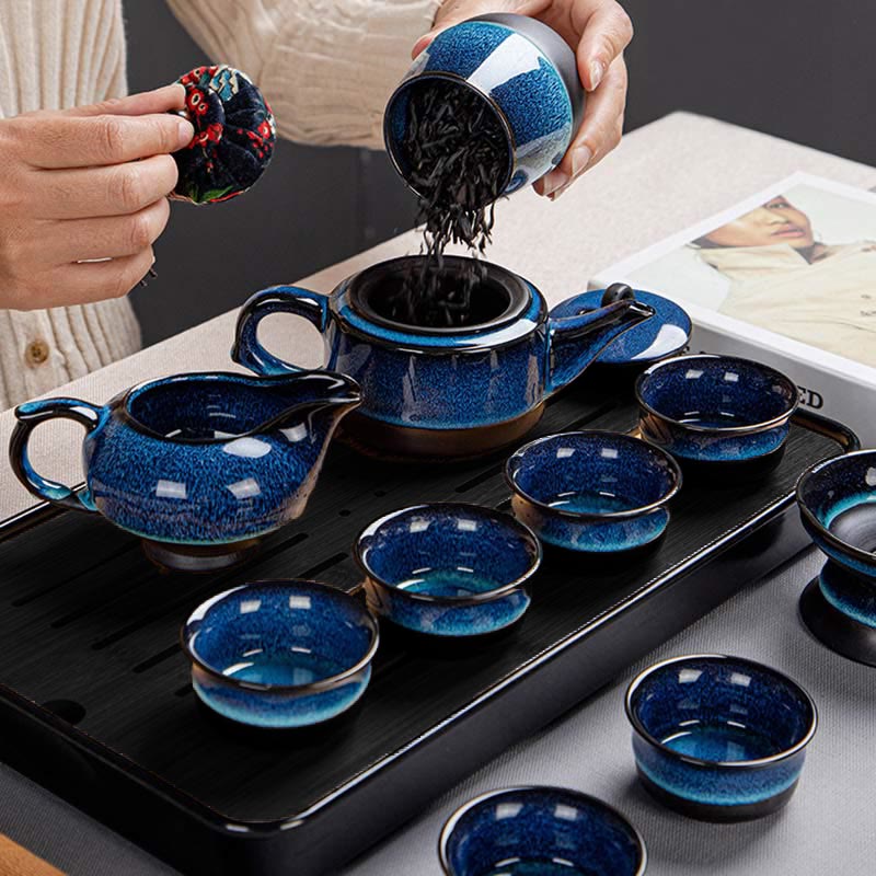 Juego de caja con bolsa de regalo portátil, tetera de cerámica de té Gongfu chino, Color degradado en azul, Buddha Stones - image 19