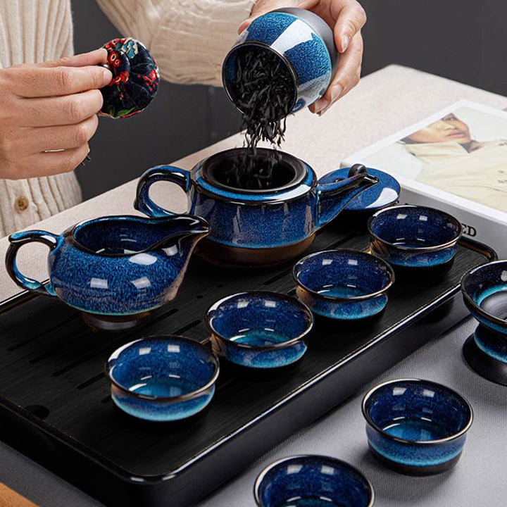 Juego de caja con bolsa de regalo portátil, tetera de cerámica de té Gongfu chino, Color degradado en azul, Buddha Stones - image 19