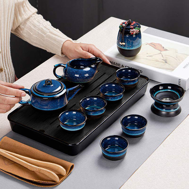 Juego de caja con bolsa de regalo portátil, tetera de cerámica de té Gongfu chino, Color degradado en azul, Buddha Stones