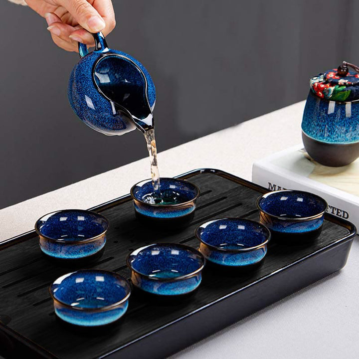 Juego de caja con bolsa de regalo portátil, tetera de cerámica de té Gongfu chino, Color degradado en azul, Buddha Stones - image 21