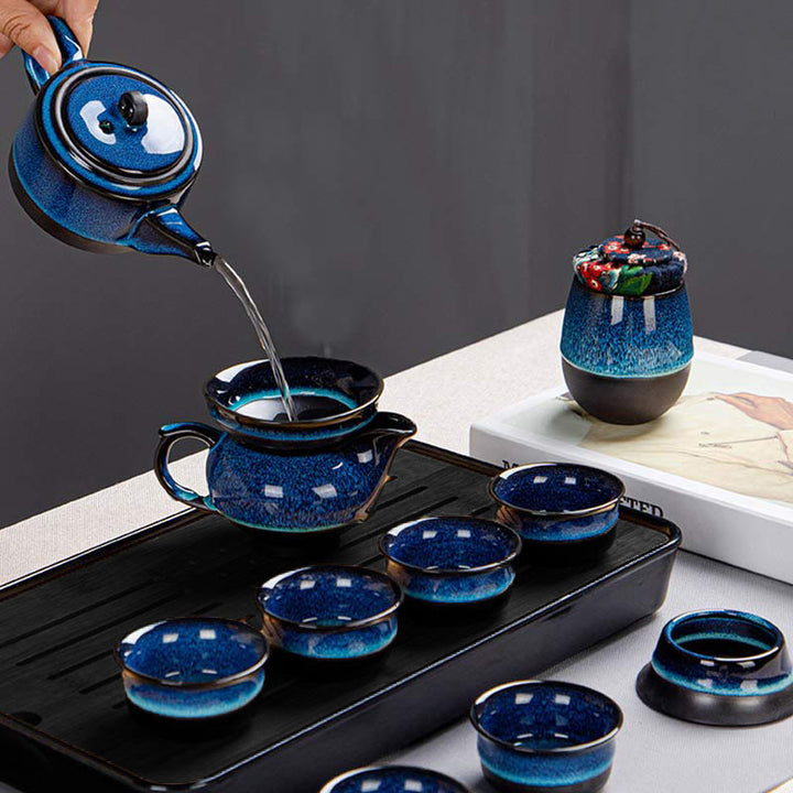 Juego de caja con bolsa de regalo portátil, tetera de cerámica de té Gongfu chino, Color degradado en azul, Buddha Stones - image 22