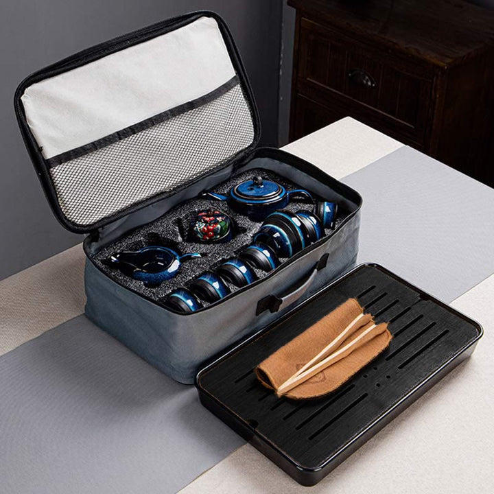 Juego de caja con bolsa de regalo portátil, tetera de cerámica de té Gongfu chino, Color degradado en azul, Buddha Stones
