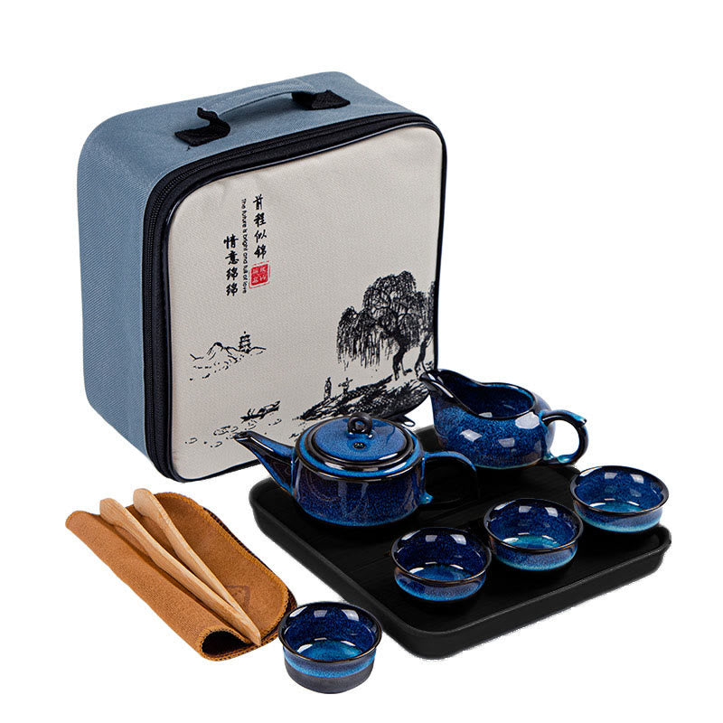 Juego de caja con bolsa de regalo portátil, tetera de cerámica de té Gongfu chino, Color degradado en azul, Buddha Stones - 1 tetera + 4 tazas + 1 tetera + bandeja + bolsa - image 0