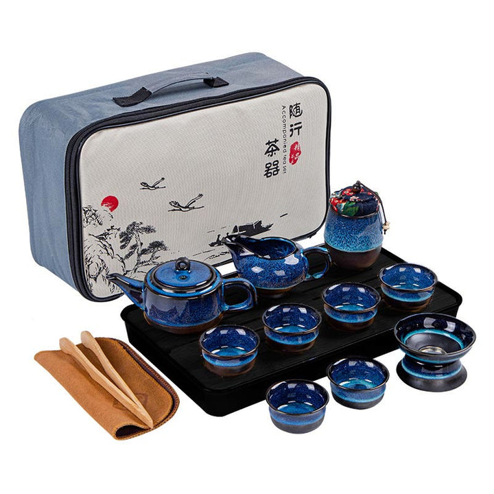 Juego de caja con bolsa de regalo portátil, tetera de cerámica de té Gongfu chino, Color degradado en azul, Buddha Stones - image 25