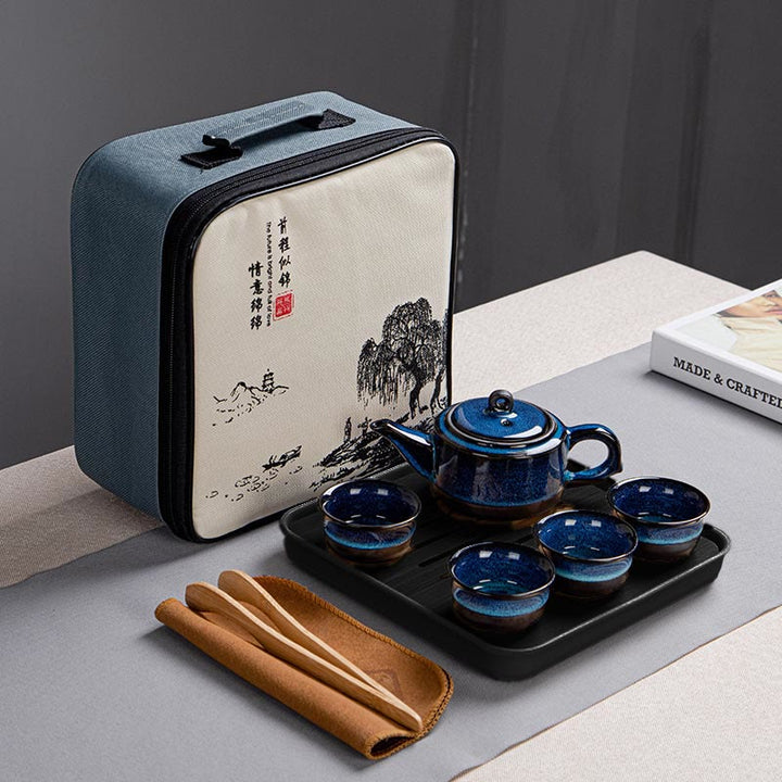 Juego de caja con bolsa de regalo portátil, tetera de cerámica de té Gongfu chino, Color degradado en azul, Buddha Stones - 1 tetera + 4 tazas + bandeja + bolsa - image 8