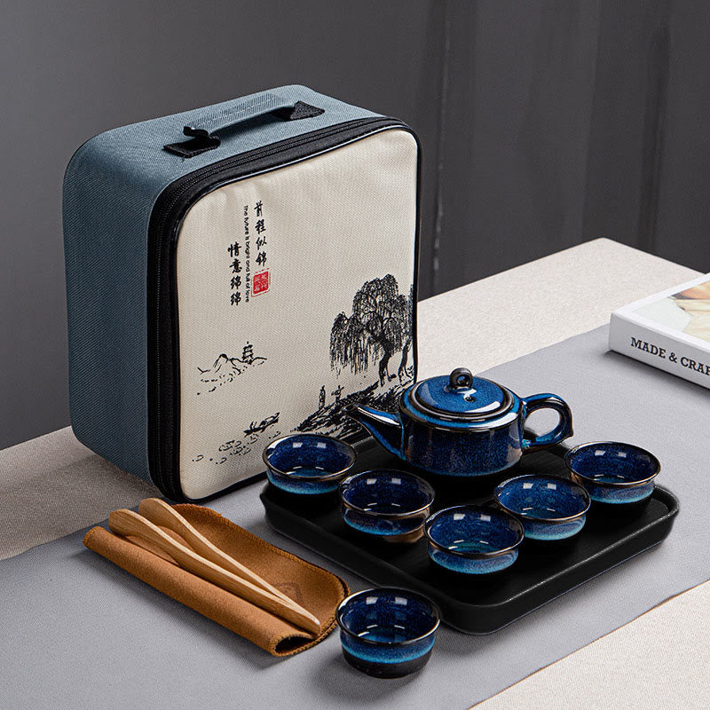Juego de caja con bolsa de regalo portátil, tetera de cerámica de té Gongfu chino, Color degradado en azul, Buddha Stones - 1 Tetera + 6 Tazas + Bandeja + Bolsa - image 9