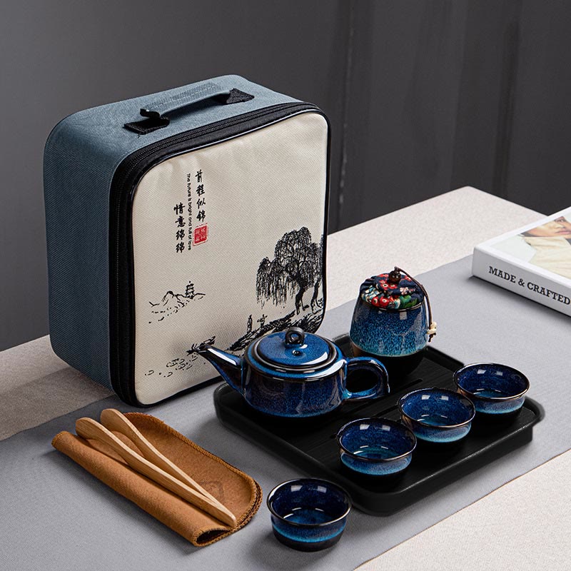 Juego de caja con bolsa de regalo portátil, tetera de cerámica de té Gongfu chino, Color degradado en azul, Buddha Stones - 1 Tetera + 4 Tazas + 1 Lata + Bandeja + Bolsa - image 10