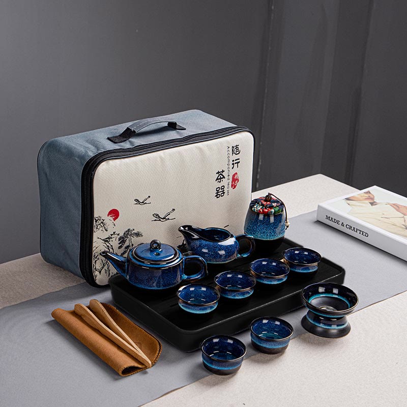 Juego de caja con bolsa de regalo portátil, tetera de cerámica de té Gongfu chino, Color degradado en azul, Buddha Stones - 1 Tetera + 6 Tazas + 1 Lata + 1 Tetera + 1 Colador de Té + Bandeja + Bolsa - image 15