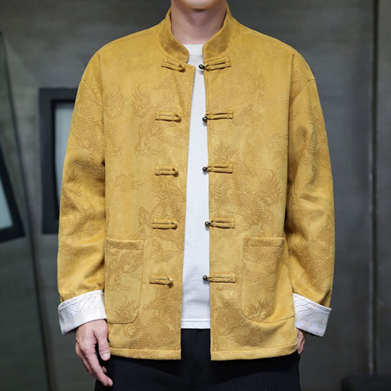 Traje Tang para hombre, chaqueta, camisa y bolsillos, con estampado de kirin y botones de rana y Buddha Stones para el Año Nuevo chino - Amarillo - US/UK/AU46, EU56 (5XL) - image 1