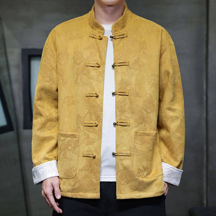 Traje Tang para hombre, chaqueta, camisa y bolsillos, con estampado de kirin y botones de rana y Buddha Stones para el Año Nuevo chino - Amarillo - US/UK/AU46, EU56 (5XL) - image 1