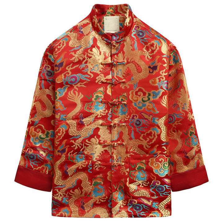 Traje Tang con botones de rana y bordado de dragón con Buddha Stones y Año Nuevo chino para hombre, chaqueta y camisa - Carmesí - US/UK/AU44, EU54 (4XL) - image 16