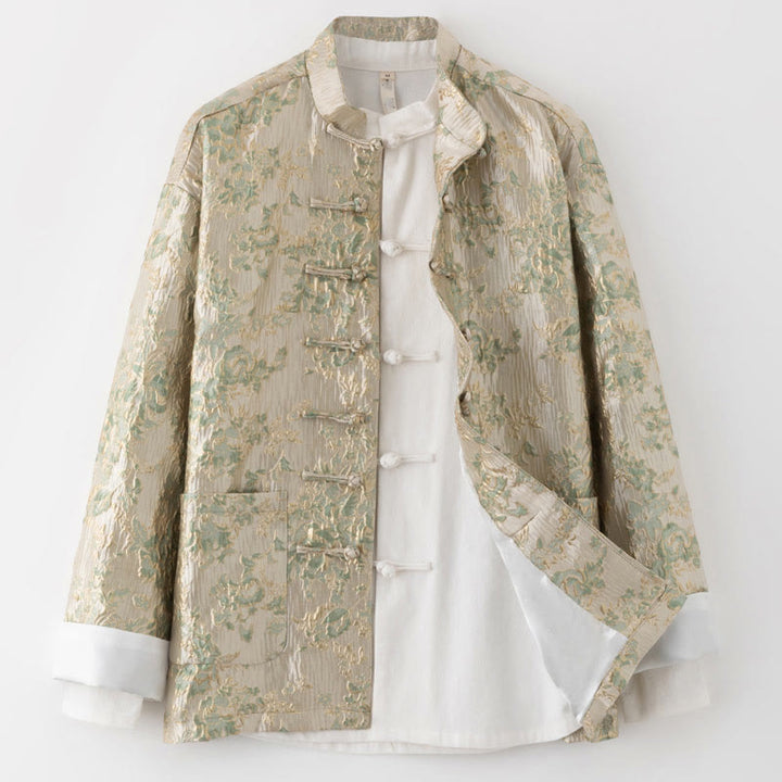 Traje Tang con bordado de jacquard y botones de rana para hombre, chaqueta y camisa con bolsillos, con Buddha Stones y año nuevo chino - Trigo - US/UK/AU44, EU54 (4XL) - image 9