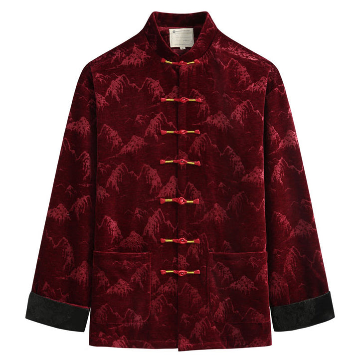 Traje Tang para hombre, chaqueta, camisa y bolsillos, con estampado de paisaje de Año Nuevo chino y Buddha Stones, hecho a mano, con botones de rana