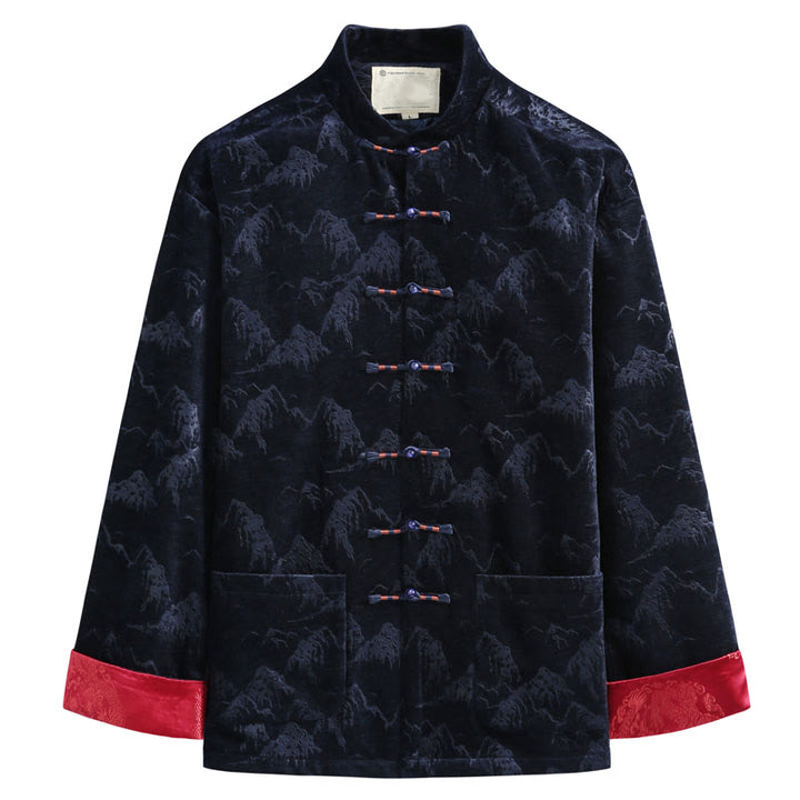 Traje Tang para hombre, chaqueta, camisa y bolsillos, con estampado de paisaje de Año Nuevo chino y Buddha Stones, hecho a mano, con botones de rana - Azul medianoche - US/UK/AU44, EU54 (4XL) - image 4