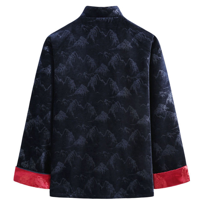 Traje Tang para hombre, chaqueta, camisa y bolsillos, con estampado de paisaje de Año Nuevo chino y Buddha Stones, hecho a mano, con botones de rana