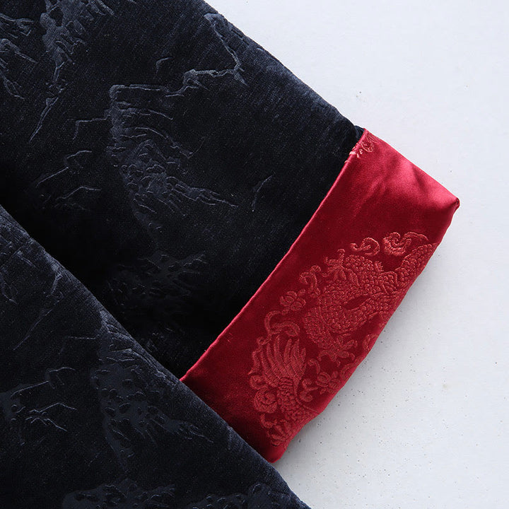 Traje Tang para hombre, chaqueta, camisa y bolsillos, con estampado de paisaje de Año Nuevo chino y Buddha Stones, hecho a mano, con botones de rana