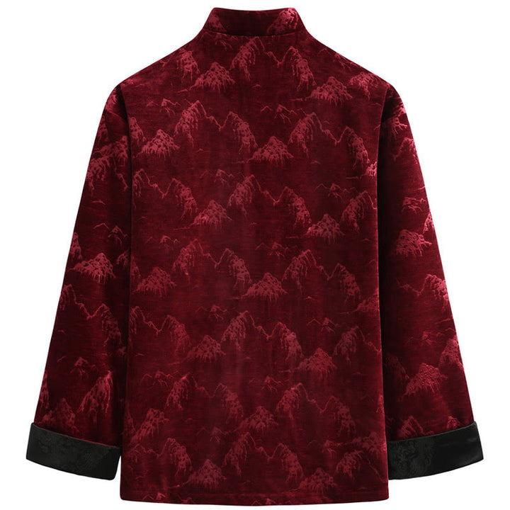 Traje Tang para hombre, chaqueta, camisa y bolsillos, con estampado de paisaje de Año Nuevo chino y Buddha Stones, hecho a mano, con botones de rana