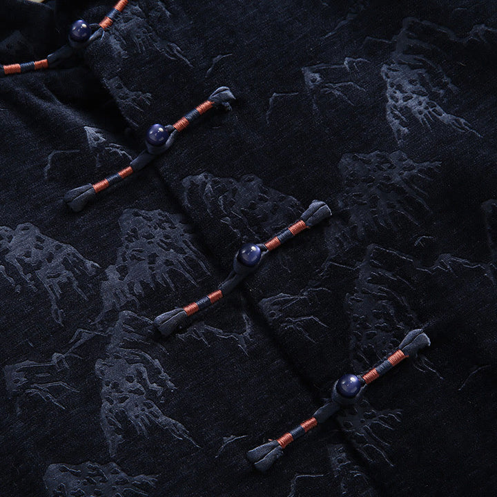 Traje Tang para hombre, chaqueta, camisa y bolsillos, con estampado de paisaje de Año Nuevo chino y Buddha Stones, hecho a mano, con botones de rana