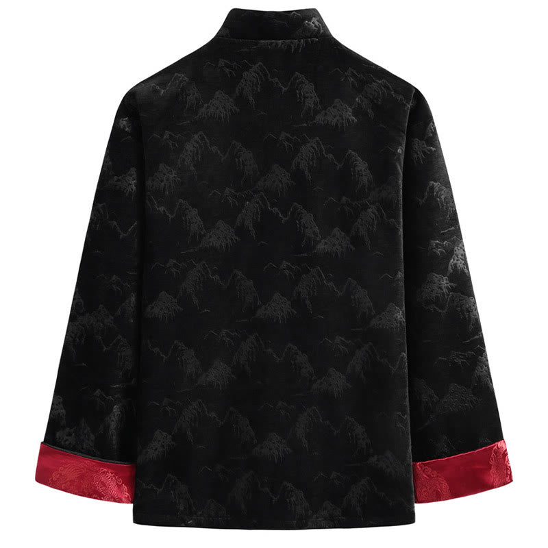 Traje Tang para hombre, chaqueta, camisa y bolsillos, con estampado de paisaje de Año Nuevo chino y Buddha Stones, hecho a mano, con botones de rana