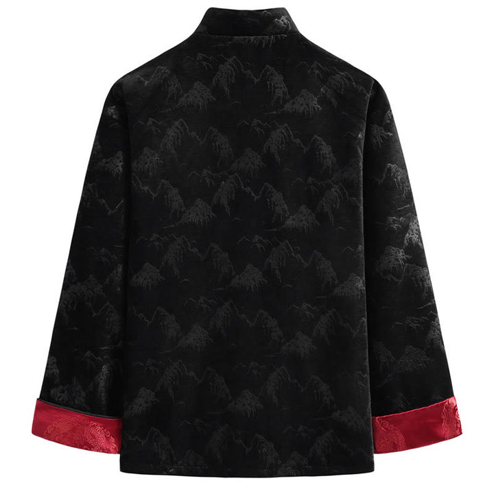 Traje Tang para hombre, chaqueta, camisa y bolsillos, con estampado de paisaje de Año Nuevo chino y Buddha Stones, hecho a mano, con botones de rana