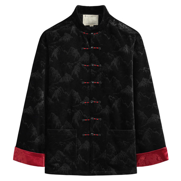 Traje Tang para hombre, chaqueta, camisa y bolsillos, con estampado de paisaje de Año Nuevo chino y Buddha Stones, hecho a mano, con botones de rana - Negro - US/UK/AU44, EU54 (4XL) - image 2
